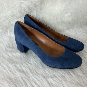 Margaux Navy Blue Suede Pumps The Heel Handmade 38 1/2 M US 8.5